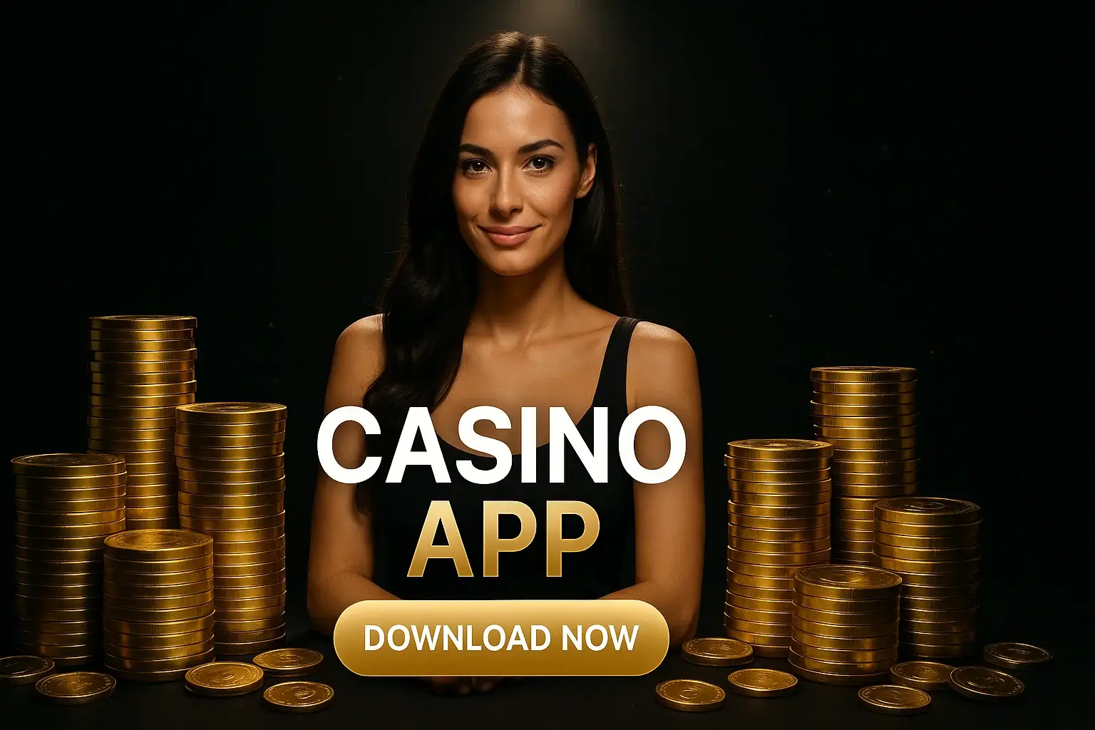 Photorealistic casino app banner with woman, gold chips, coins and download button