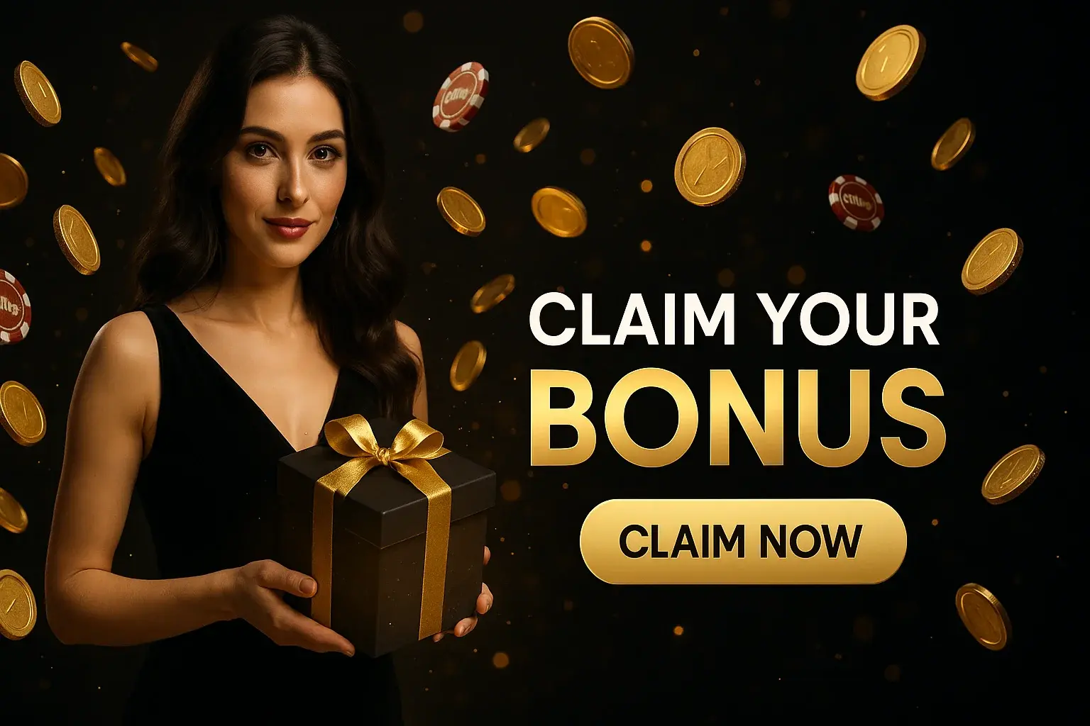 Dark-haired woman holding luxury gift box with gold coins and bonus chips