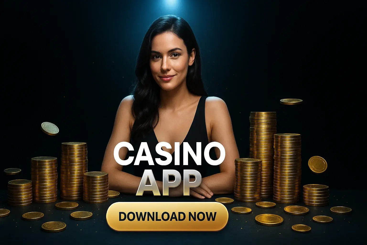 Photorealistic casino app banner with woman, gold chips, black background
