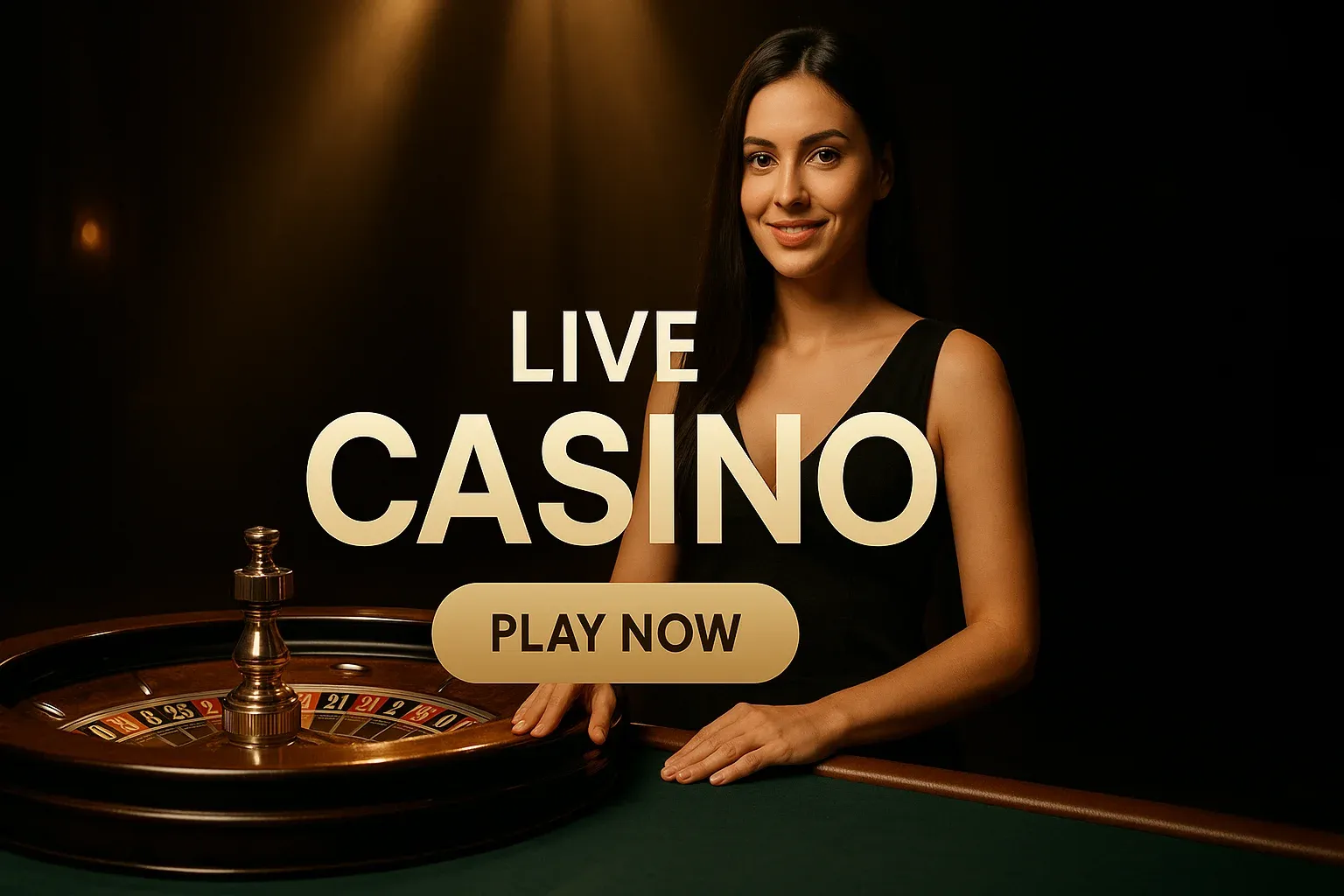 Photorealistic live casino banner with croupier, roulette wheel and play now button