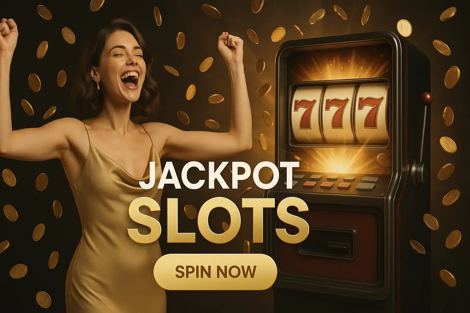 Wide casino banner with British woman, gold coins, 777 slot jackpot