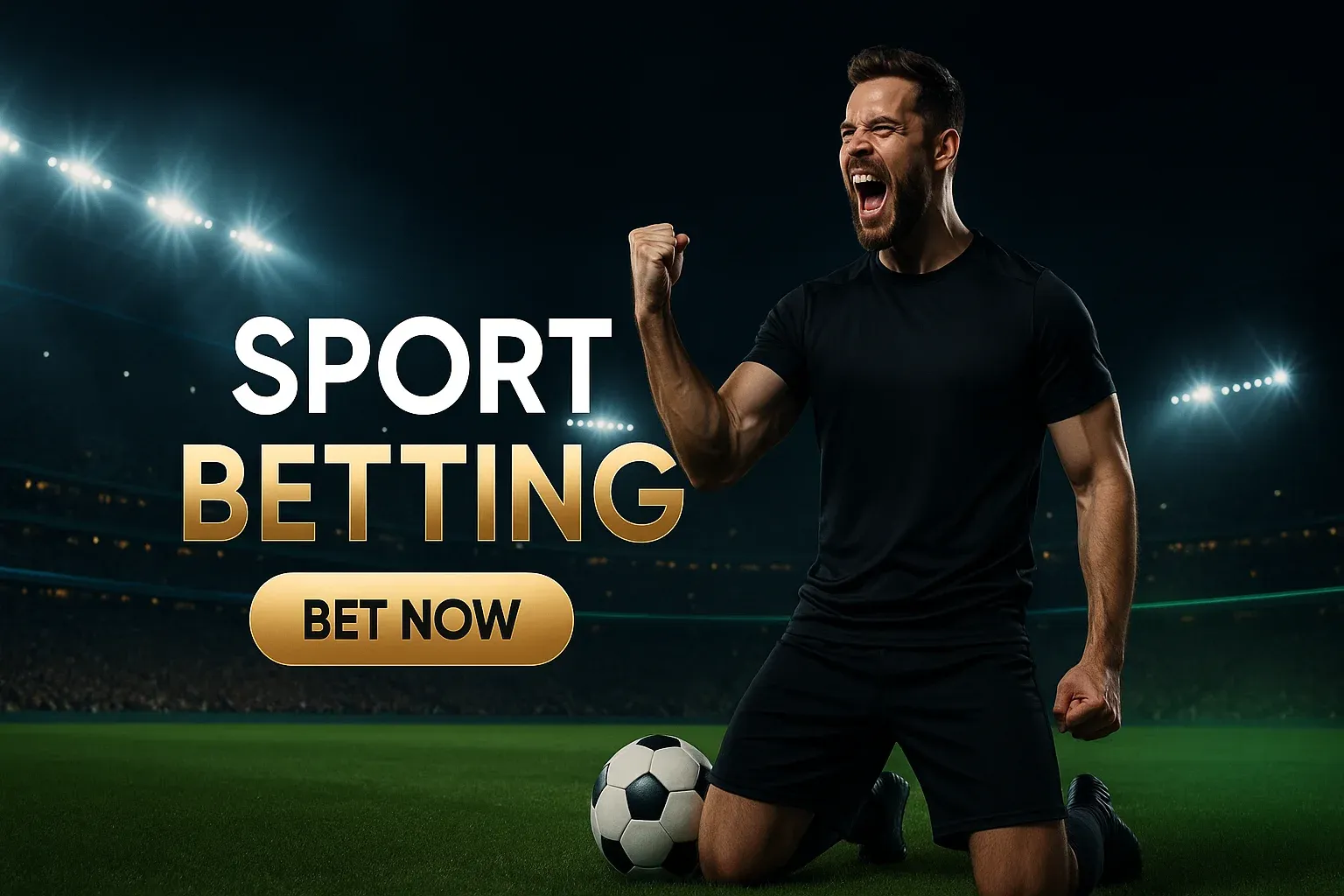 Photorealistic Premier League stadium sports betting banner with footballer and CTA